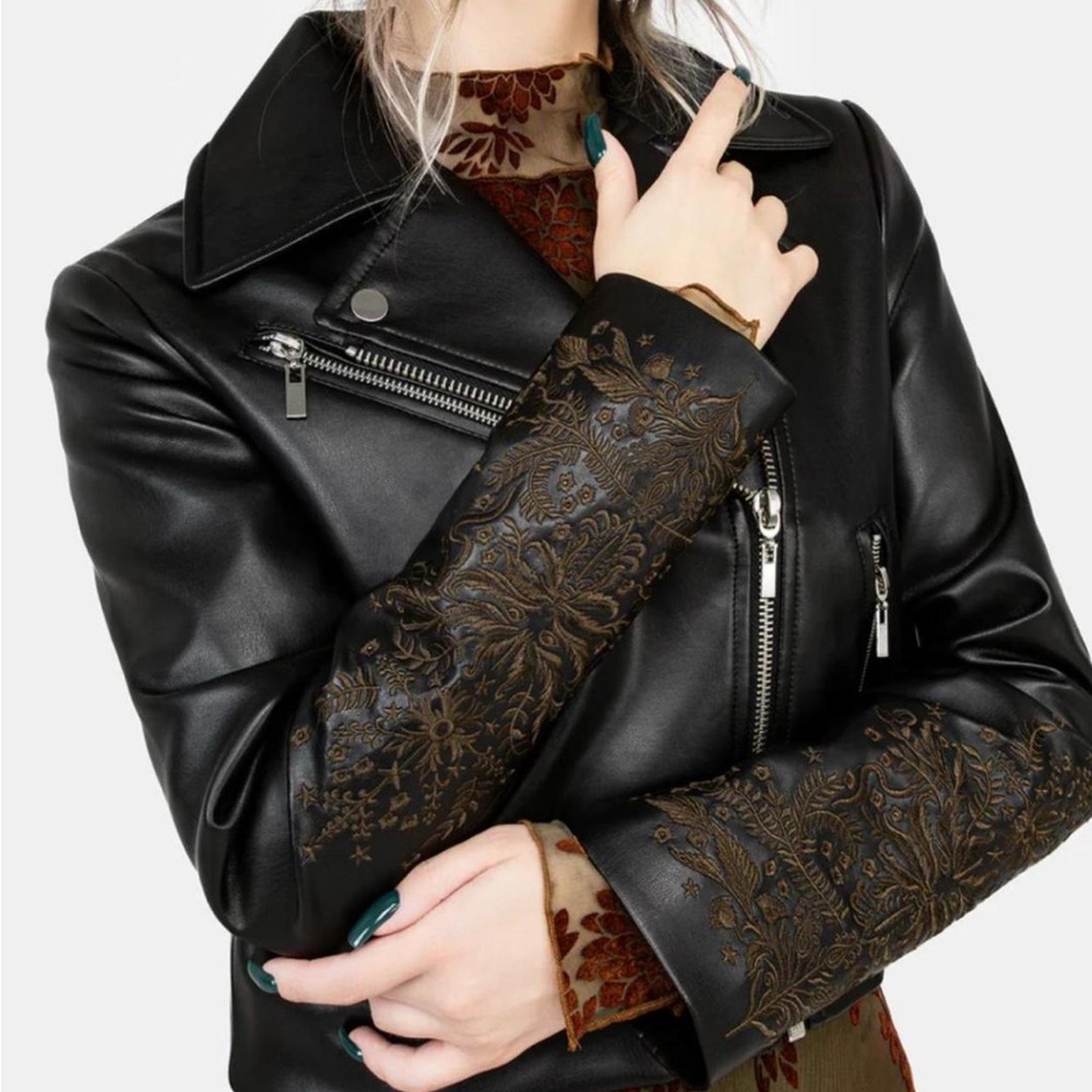 Disturbia Vervain Embroidered Faux Leather Biker Jacket